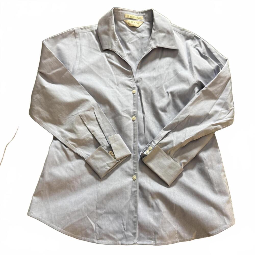 ORVIS Womens Wrinkle Free Tailored V Neck LT Blue Button down Folded Cuffs SZ 10